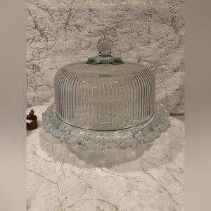 vintage Anchor Hocking Monaco glass cake stand with a ribbed dome heavy